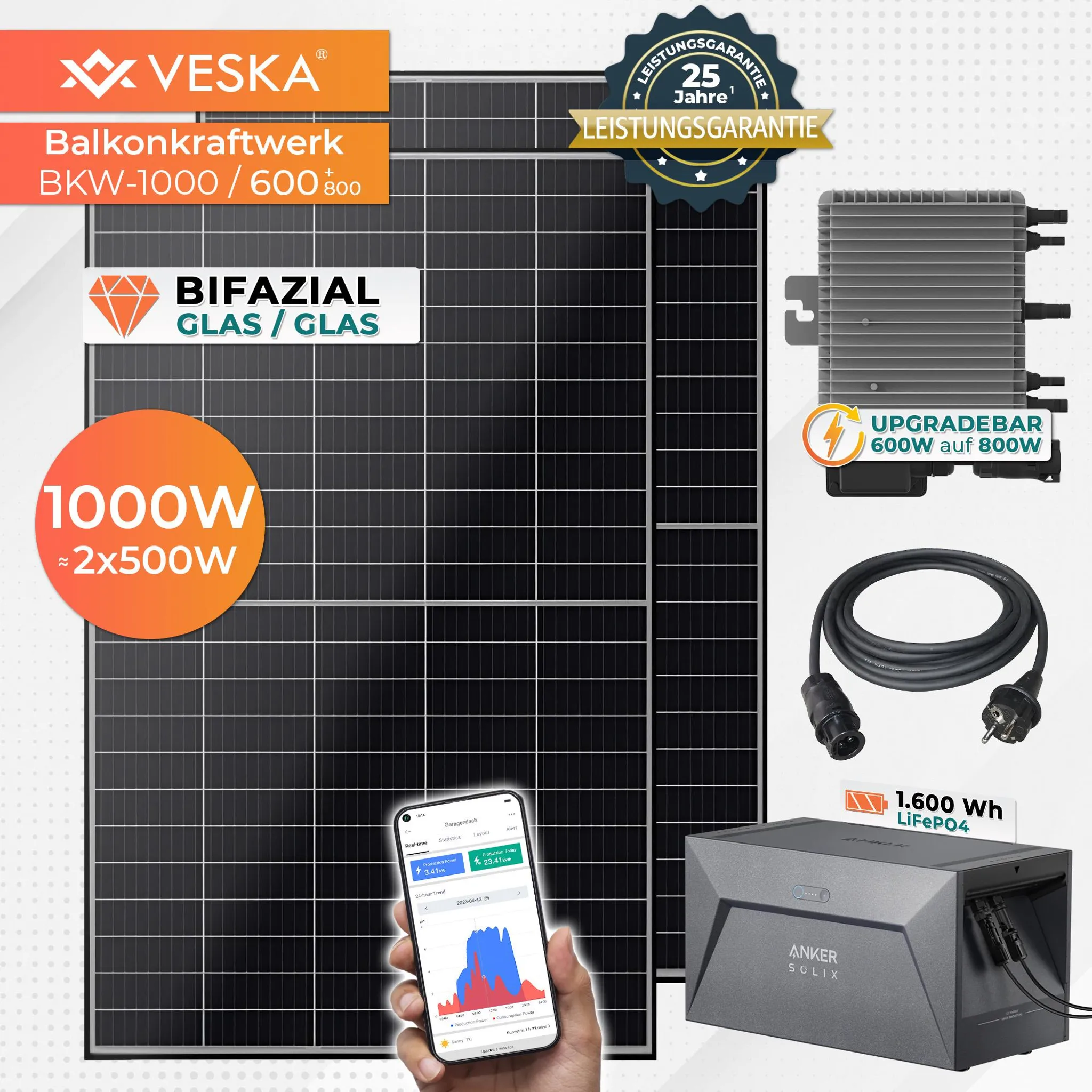 Veska Balkonová elektrárna 1000 W bifaciální s úložištěm – balkonová fotovoltaika